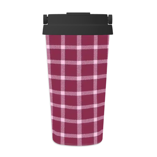 Plaid-patterned trash can with a black lid on a white background