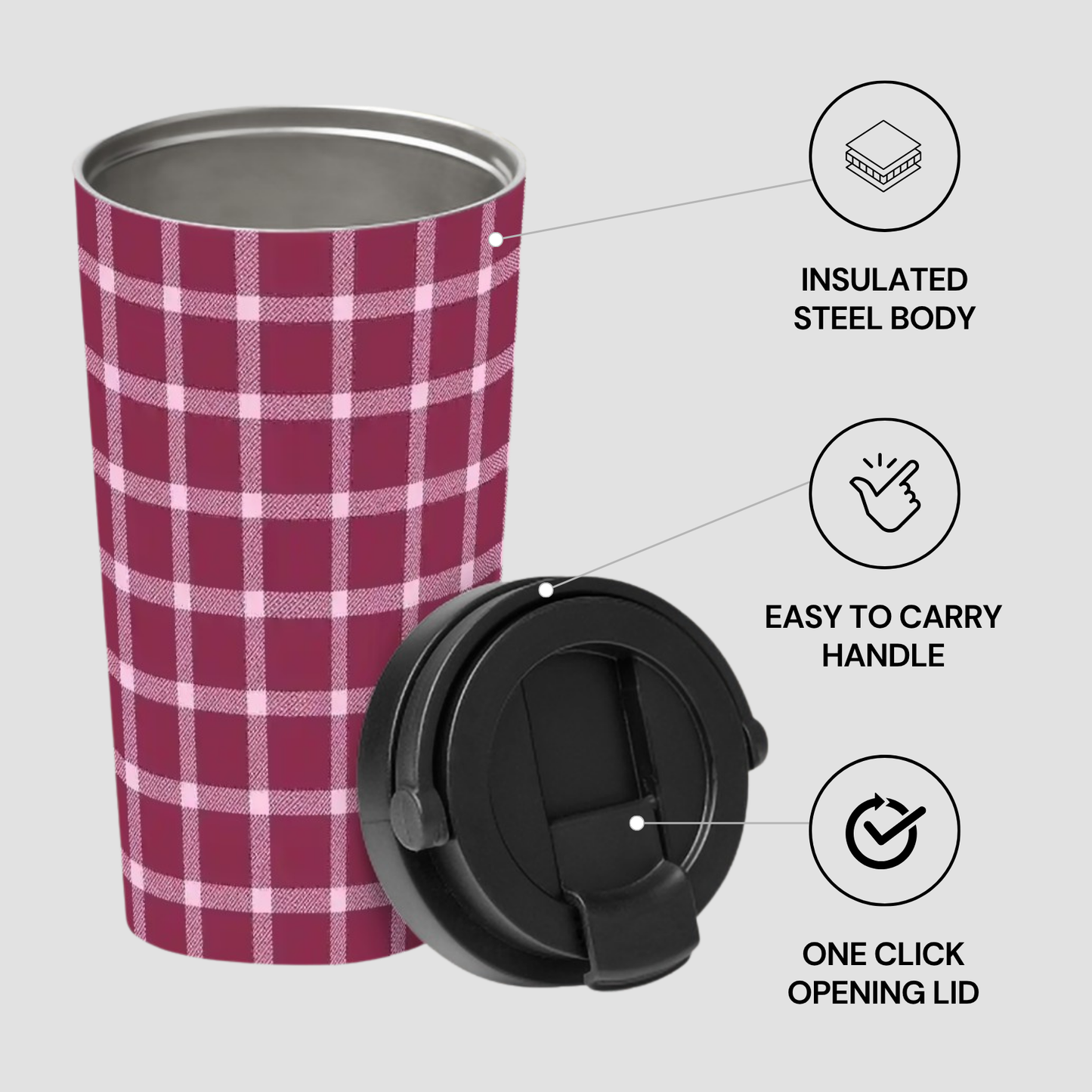 Plaid-patterned insulated tumbler with black lid on a light gray background