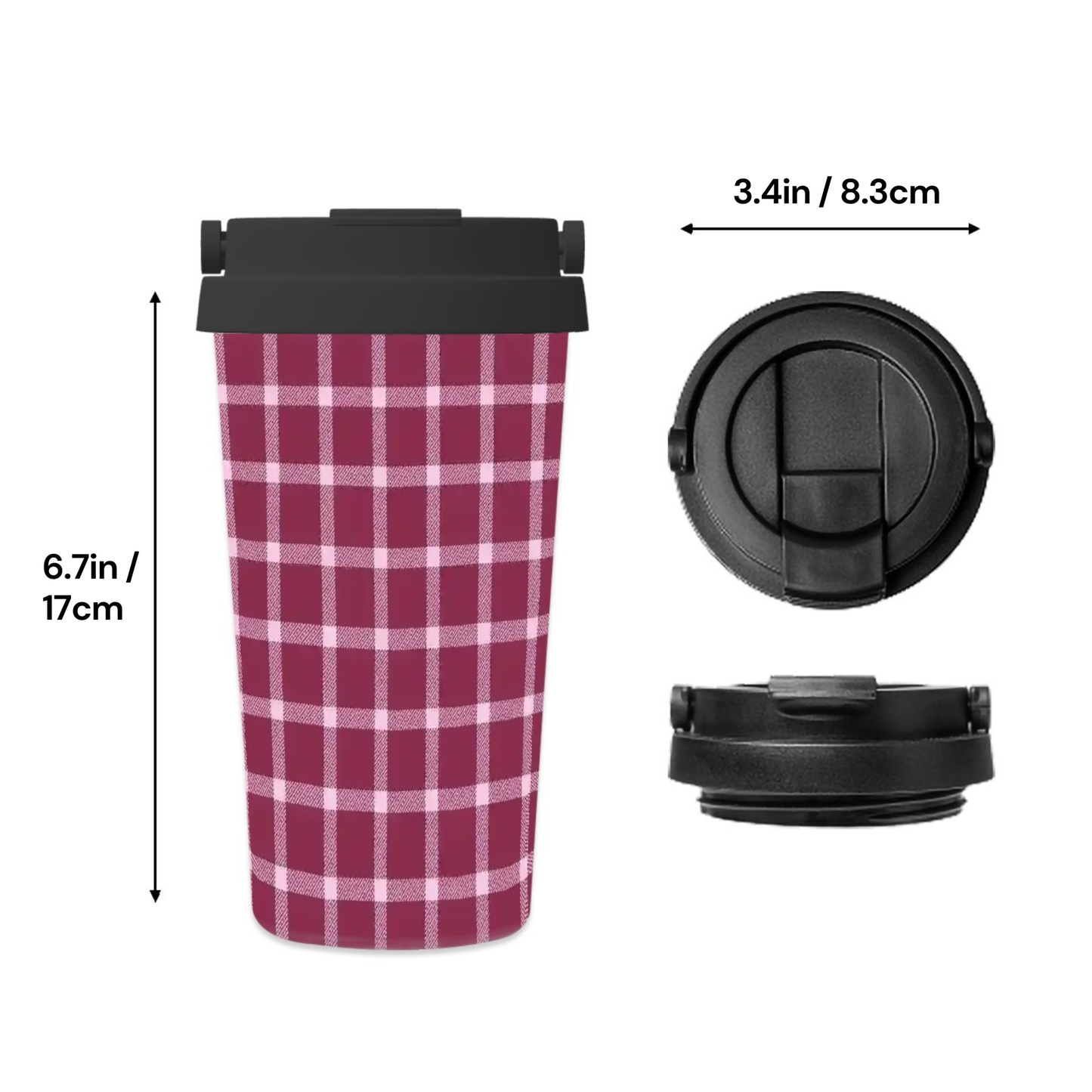 Plaid-patterned travel mug with black lid and measurements on a white background