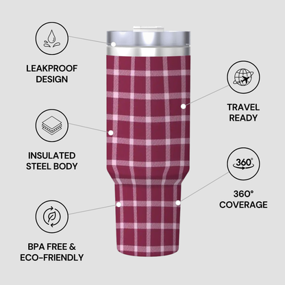 Plaid-patterned tumbler with features highlighted on a gray background