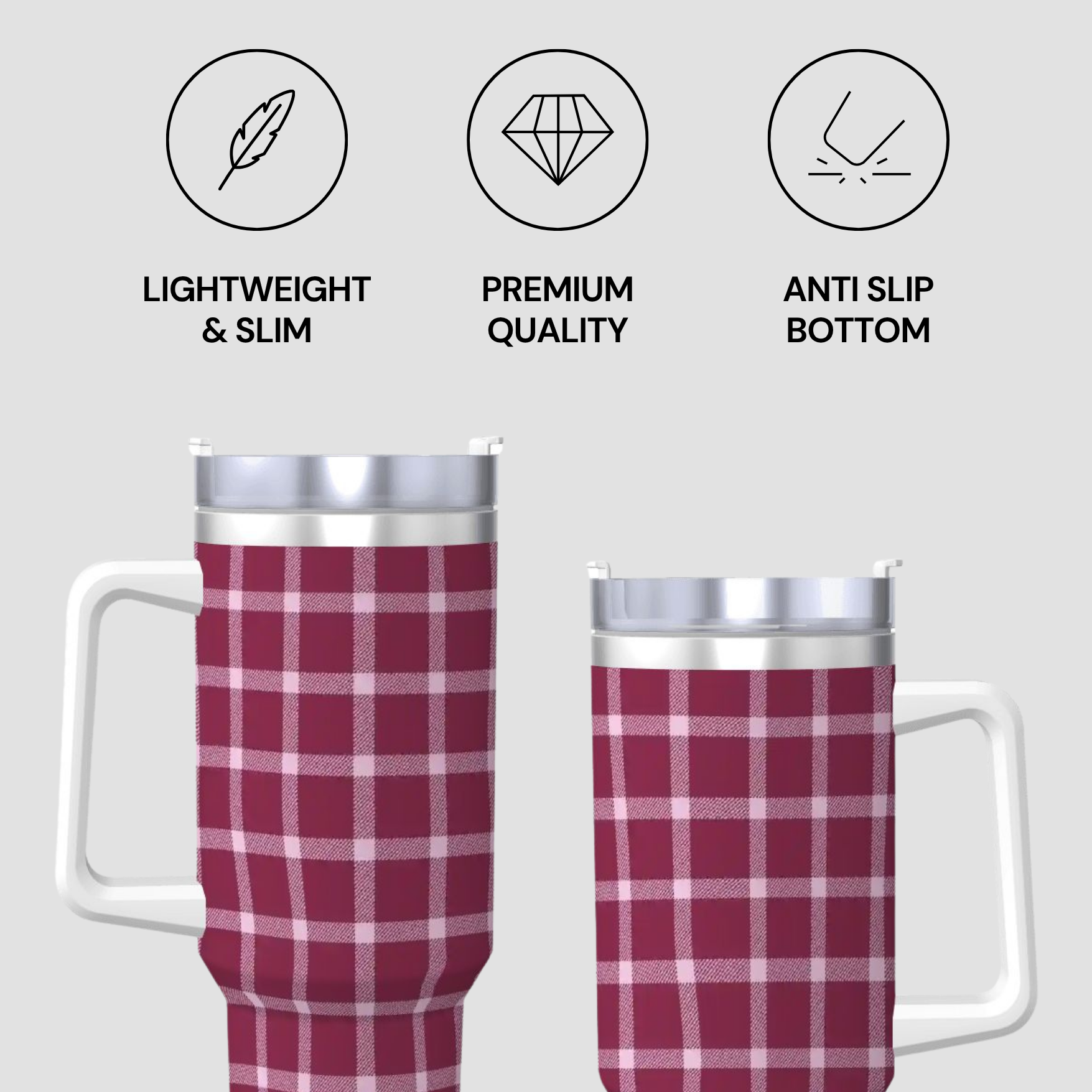 Two plaid-patterned tumblers with features listed above on a light gray background