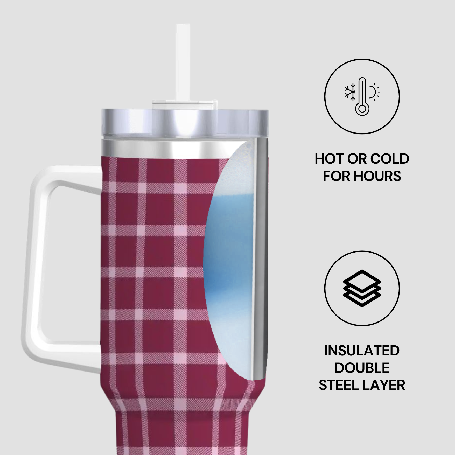 Plaid-patterned tumbler with insulated design features on a light gray background