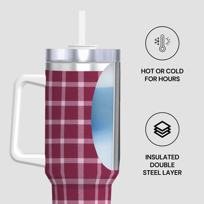 Plaid-patterned tumbler with insulated design features on a light gray background