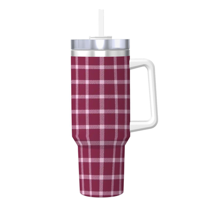 Plaid-patterned tumbler with a handle on a white background