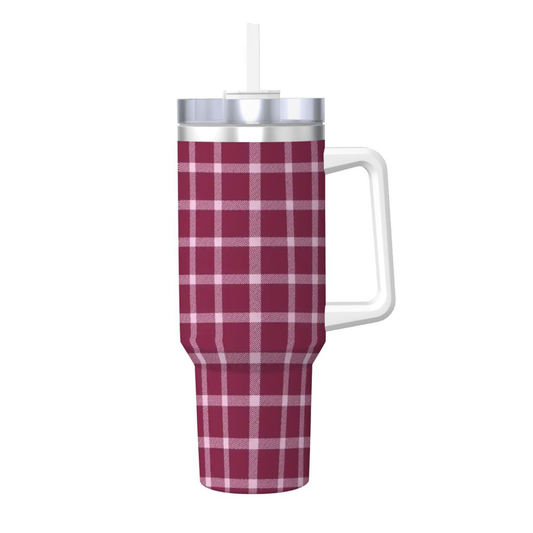 Plaid-patterned tumbler with a handle on a white background