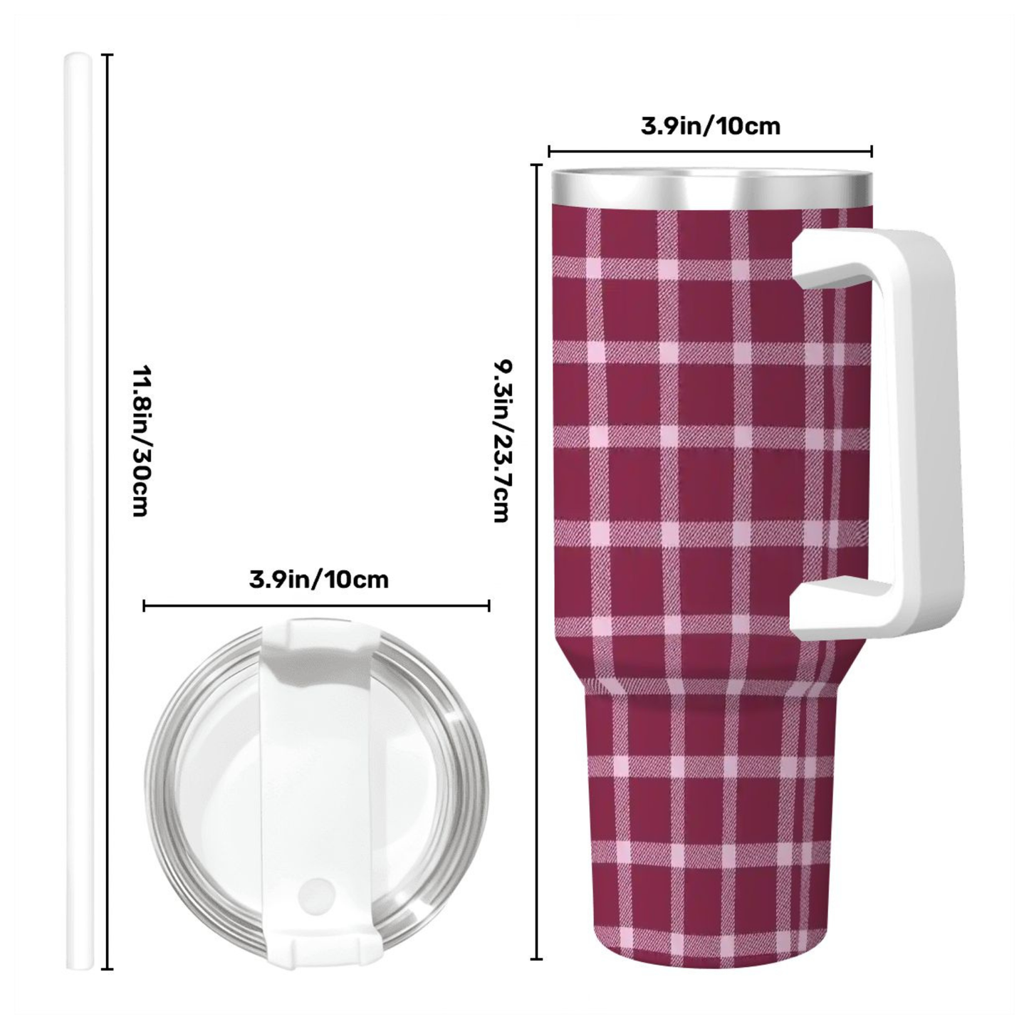 Plaid-patterned tumbler with measurements on a white background
