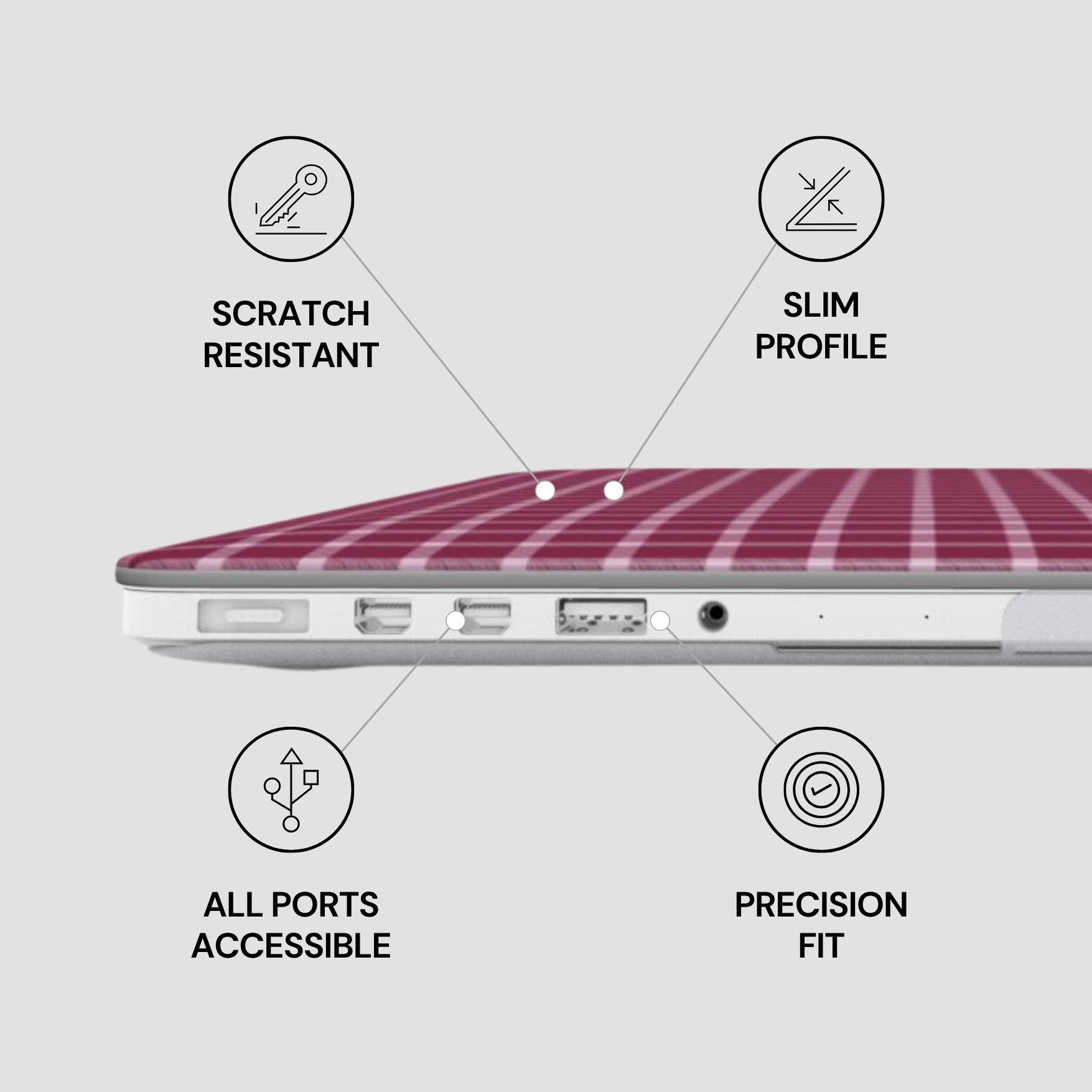 Laptop with features highlighted on a gray background