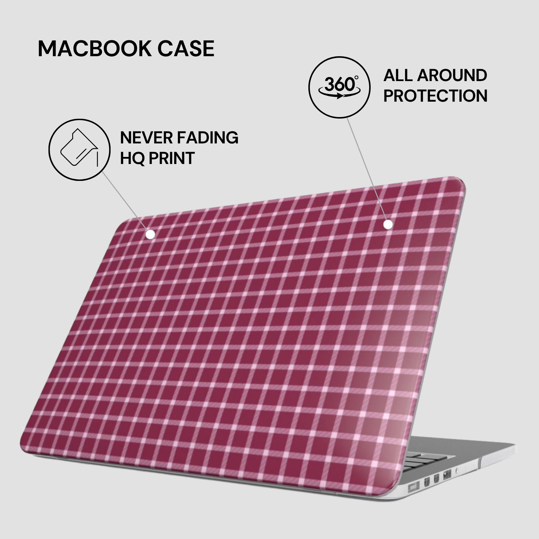 Plaid patterned MacBook case with features highlighted on a light gray background