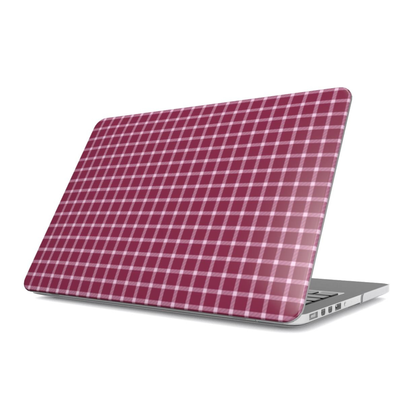 Laptop with a red and white checkered case on a white background