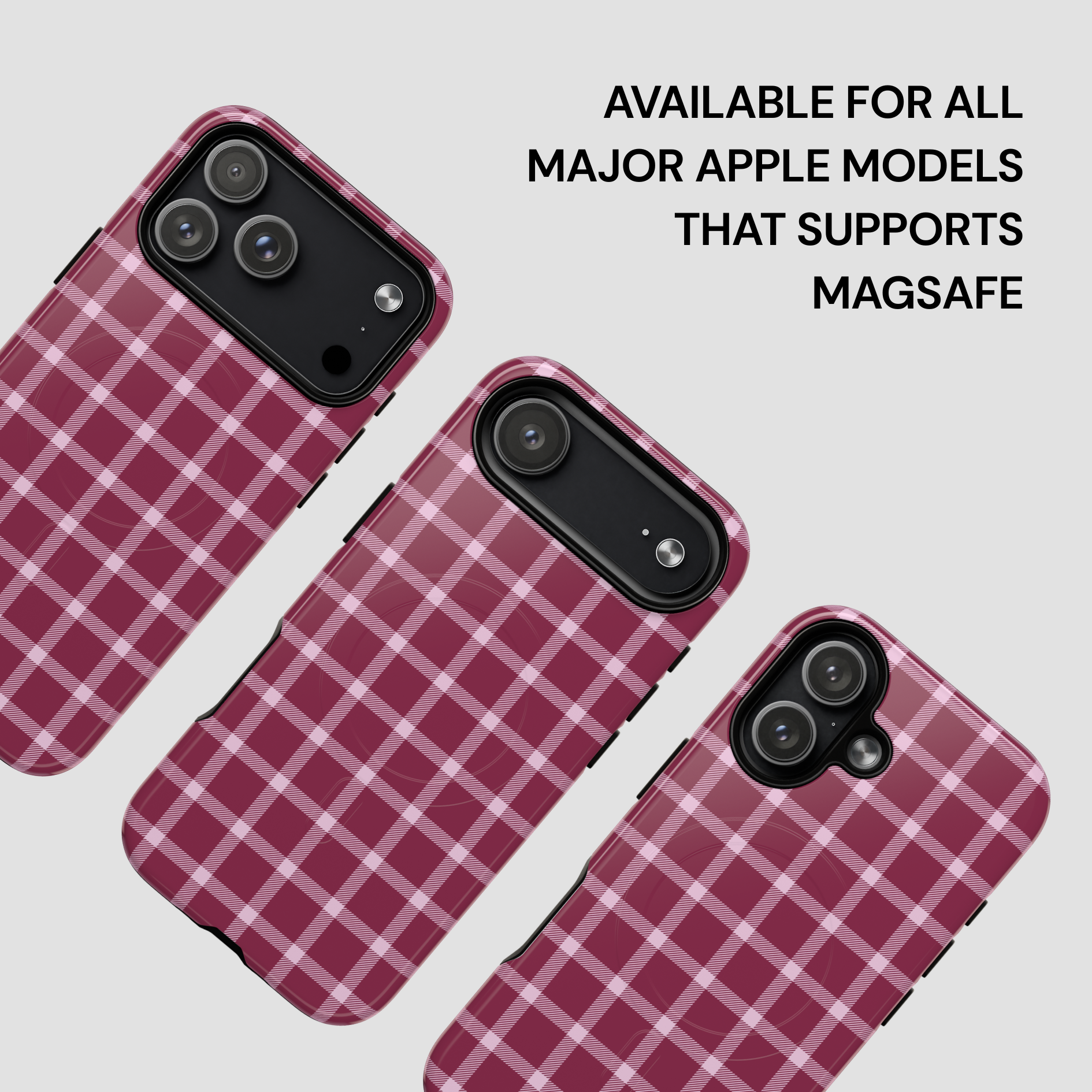 Three plaid-patterned phone cases on a light gray background with text about compatibility.