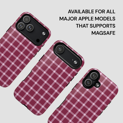 Three plaid-patterned phone cases on a light gray background with text about compatibility.
