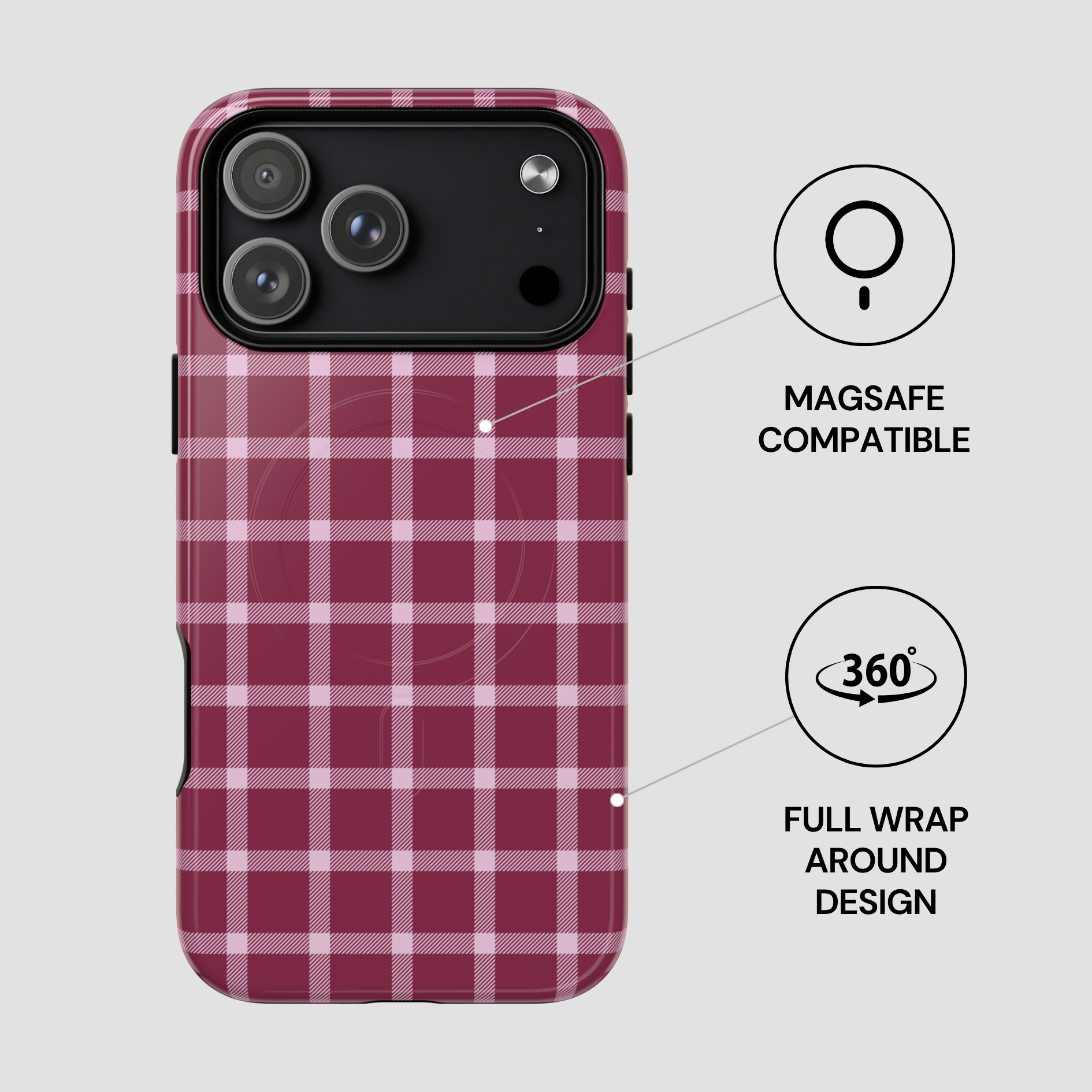 Plaid patterned phone case with Magsafe compatibility and 360-degree wrap design on a light gray background.