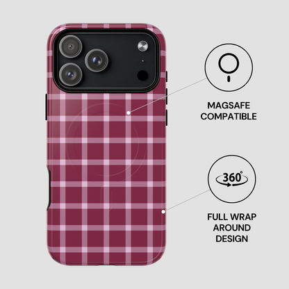 Plaid patterned phone case with Magsafe compatibility and 360-degree wrap design on a light gray background.