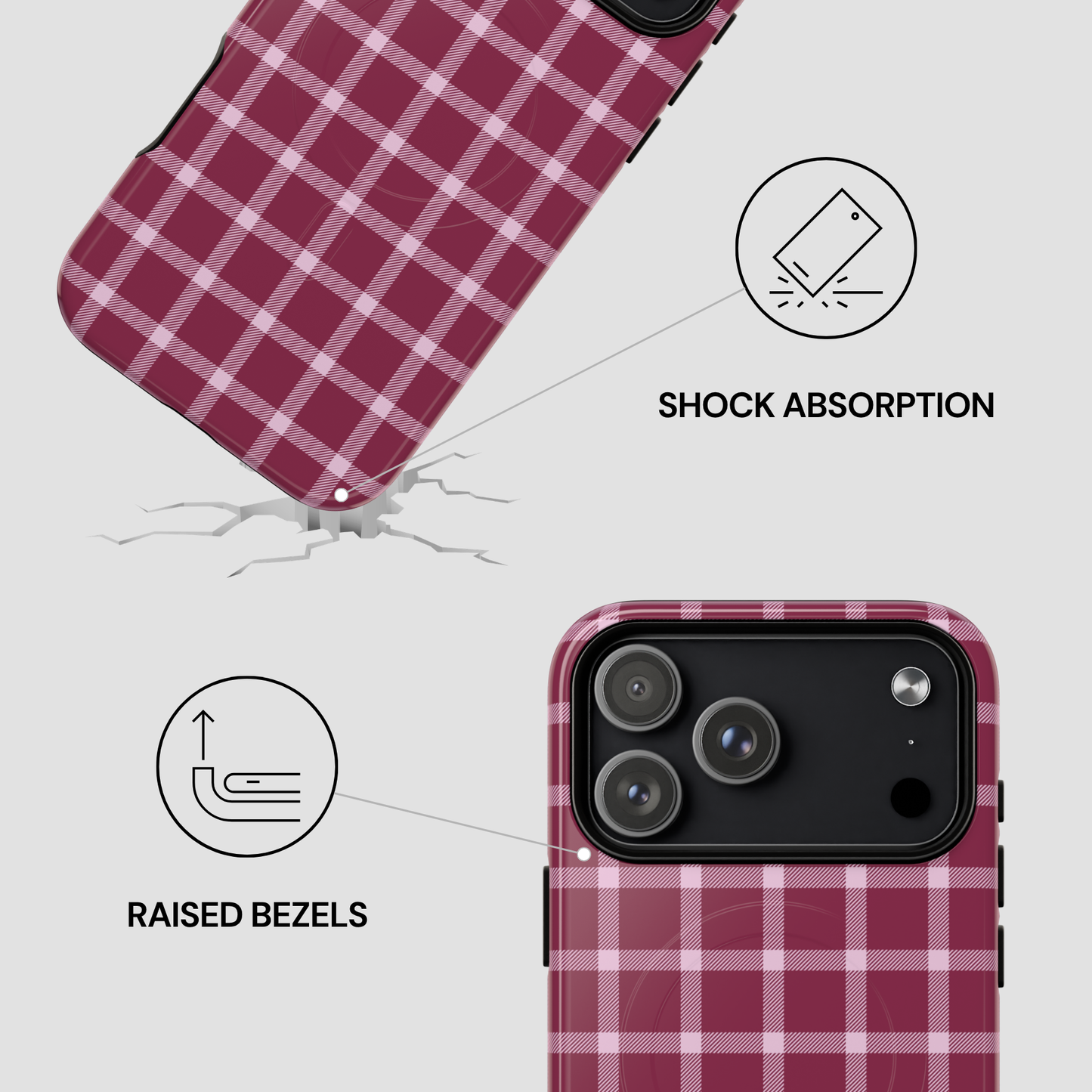 Plaid patterned phone case with shock absorption and raised bezels features on a light gray background