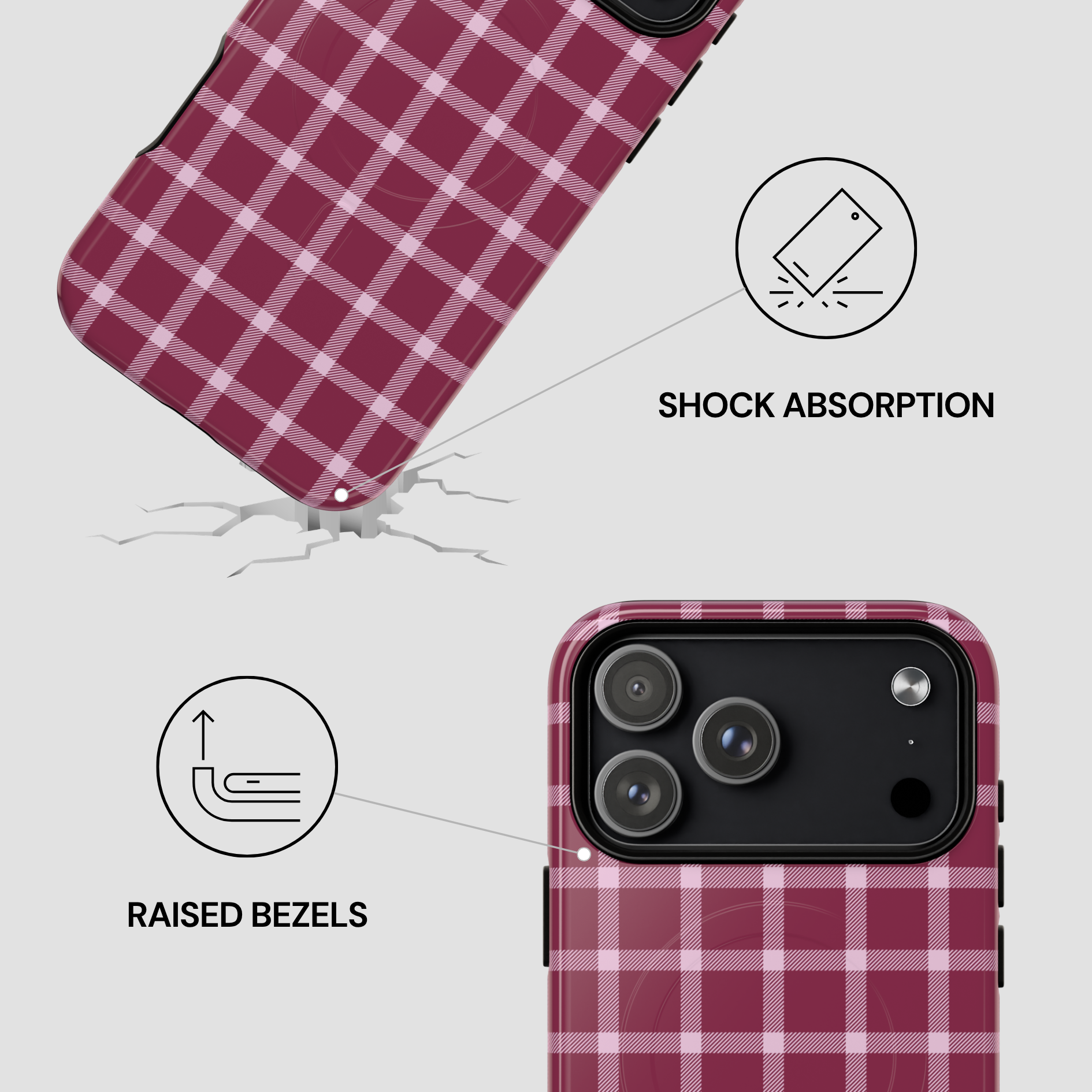 Plaid patterned phone case with shock absorption and raised bezels features on a light gray background