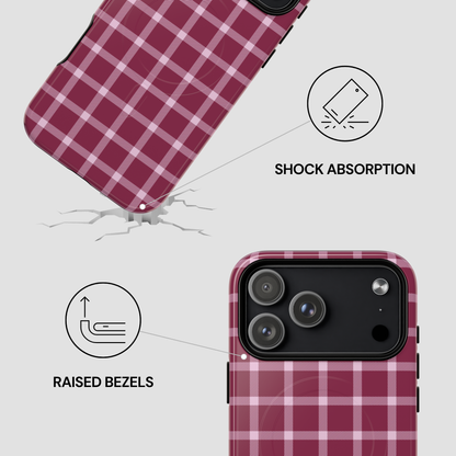 Plaid patterned phone case with shock absorption and raised bezels features on a light gray background