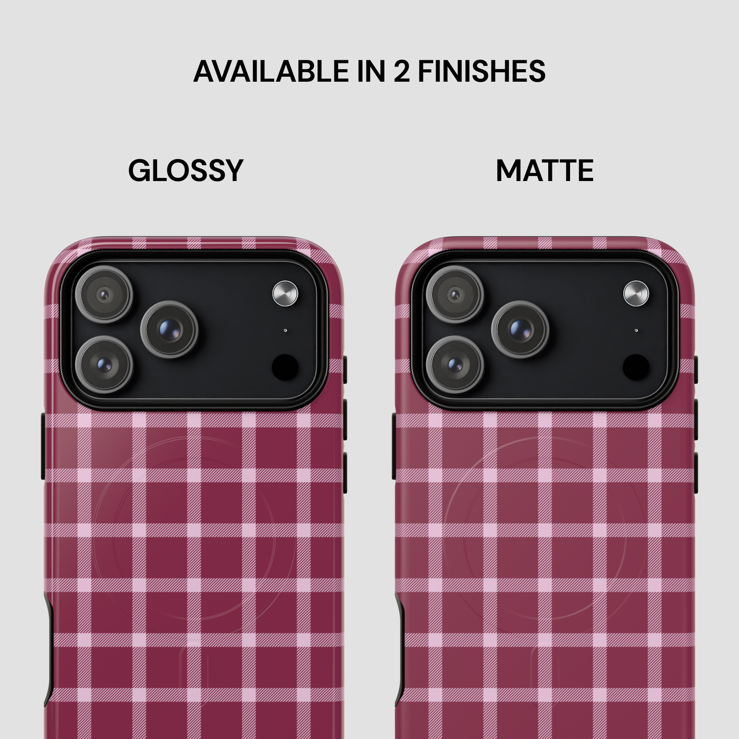 Two phone cases with a plaid pattern, one glossy and one matte, on a light gray background.