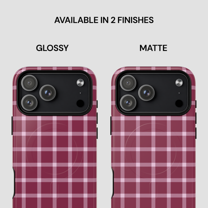 Two phone cases with a plaid pattern, one glossy and one matte, on a light gray background.