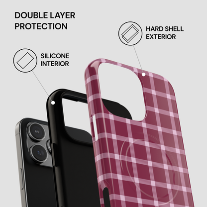 Plaid patterned phone case with text highlighting double layer protection on a gray background