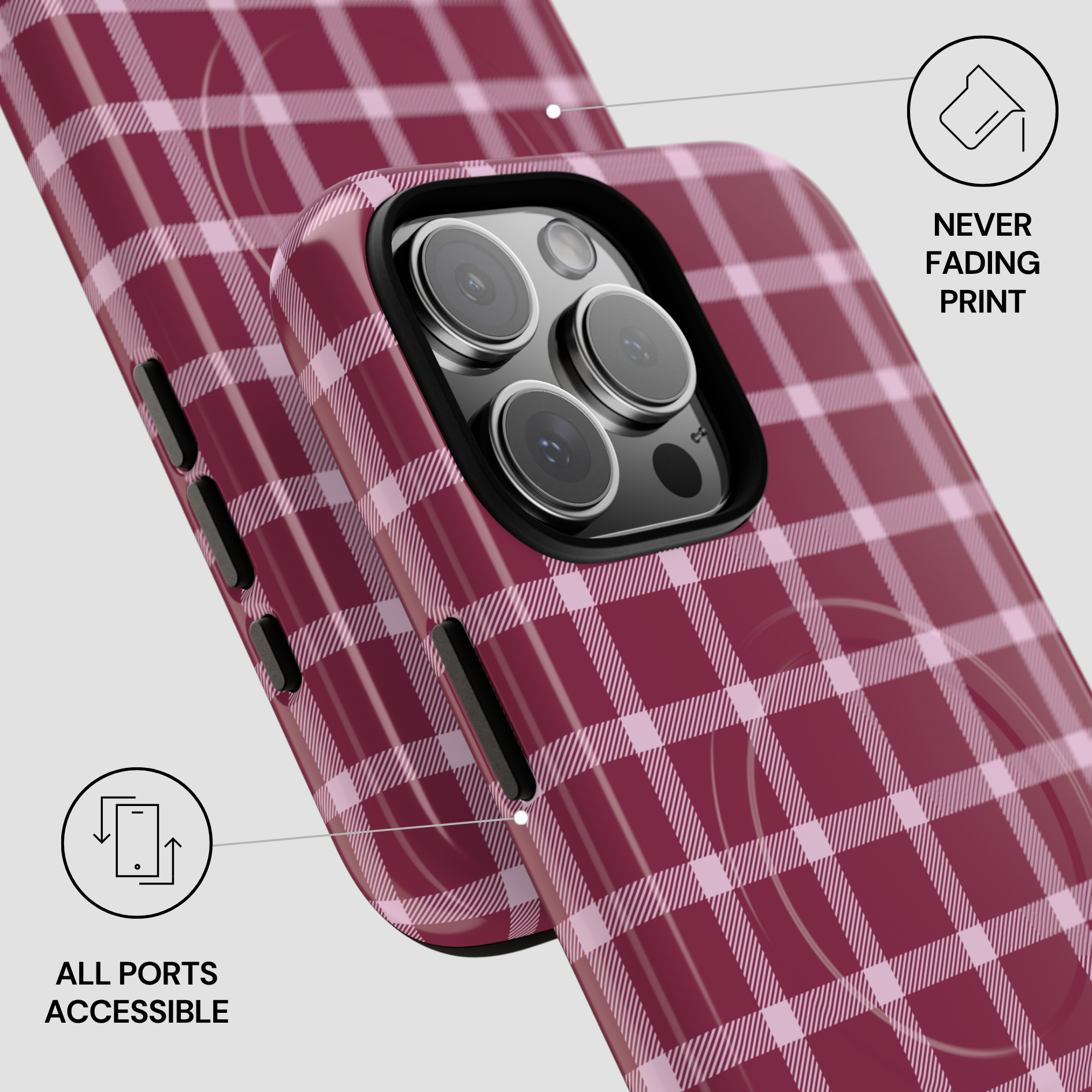 Plaid patterned phone case with camera cutout on a light gray background