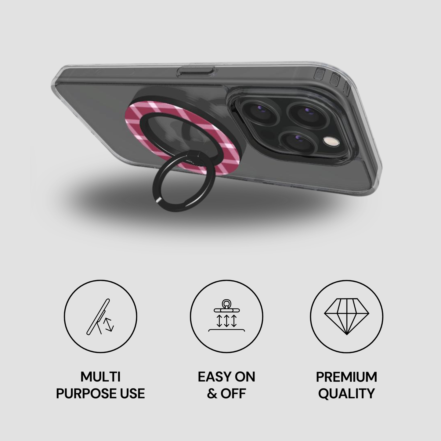 Phone case with ring holder on a gray background