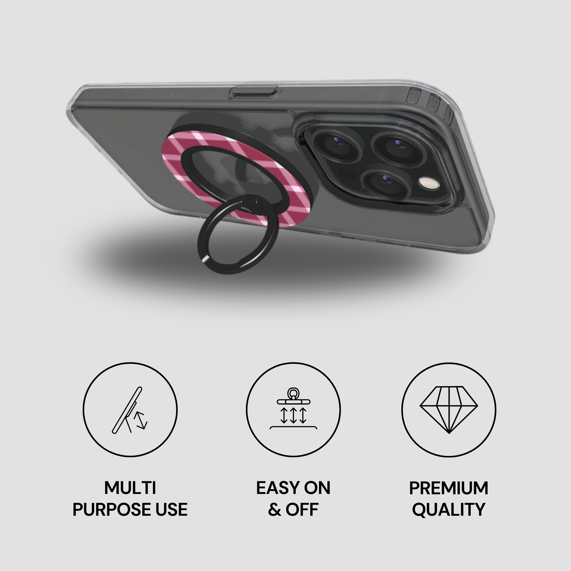 Phone case with ring holder on a gray background