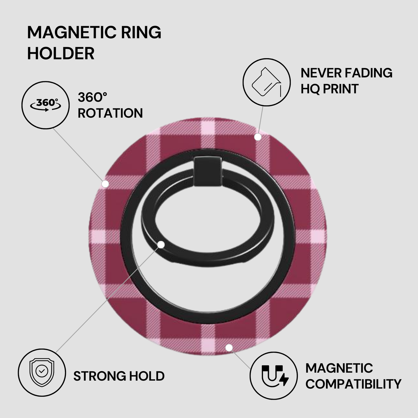 Magnetic ring holder with features listed on a gray background