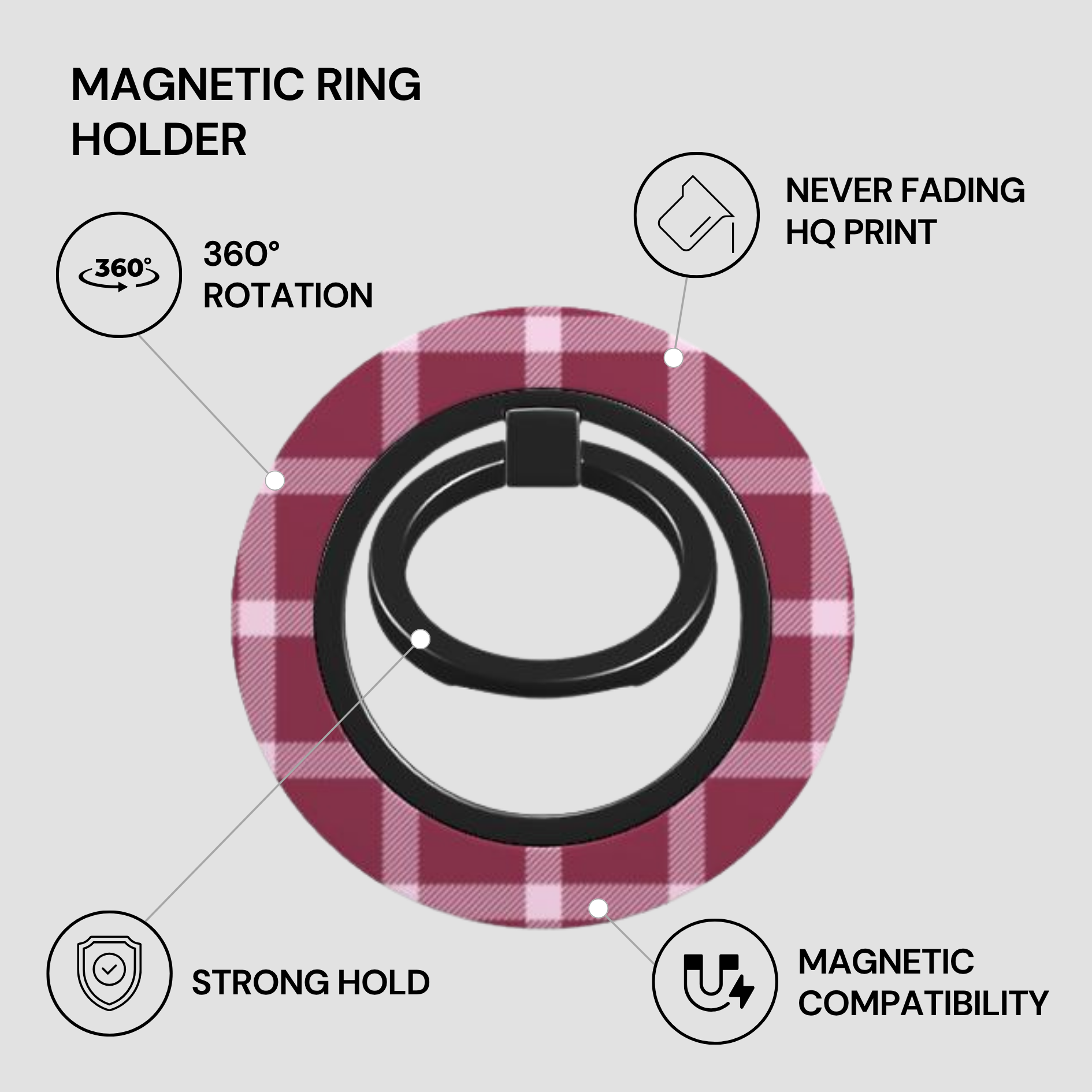 Magnetic ring holder with features listed on a gray background