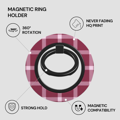 Magnetic ring holder with features listed on a gray background
