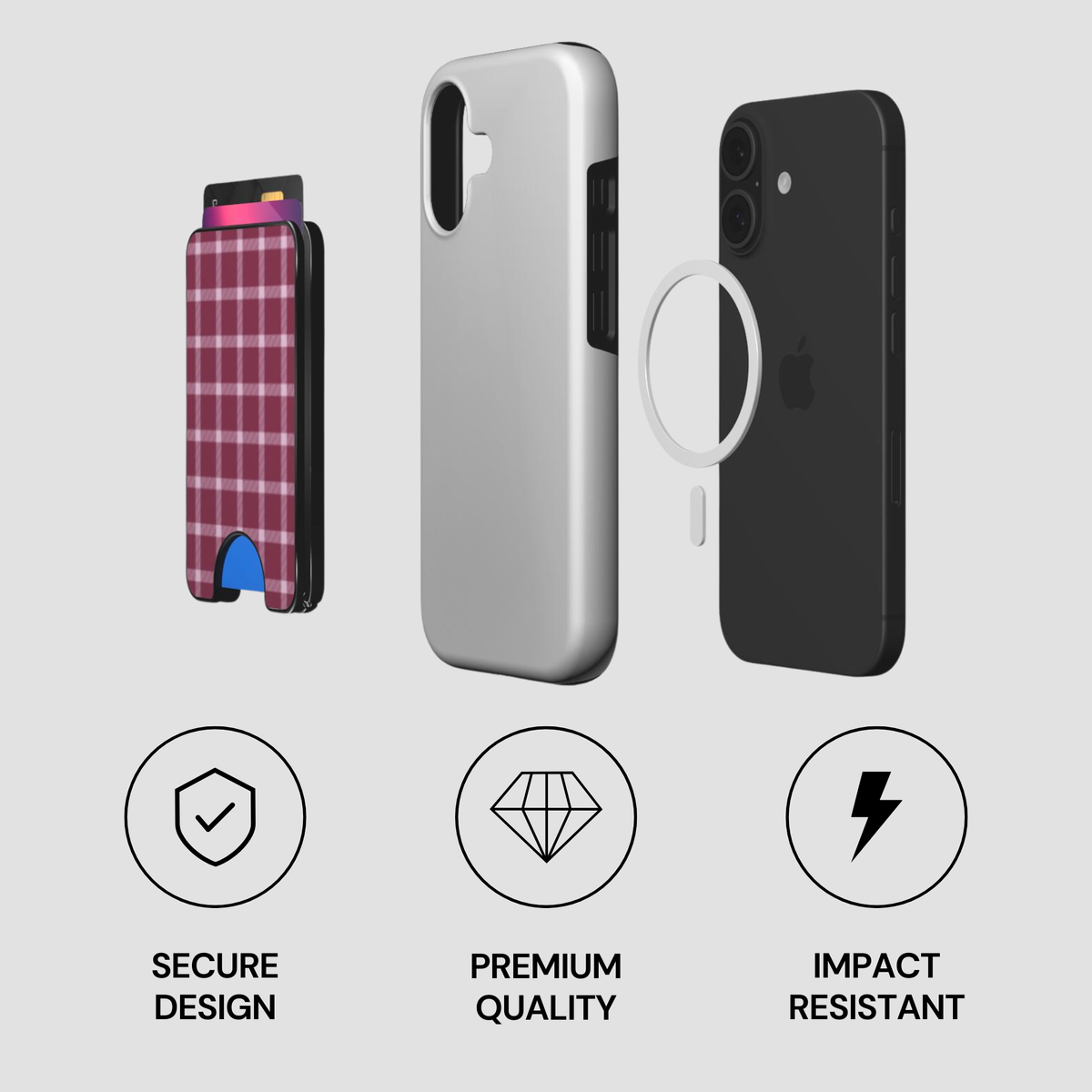 Exploded view of Mulberry Plaid Magnetic Wallet with phone, case, and magnetic ring components