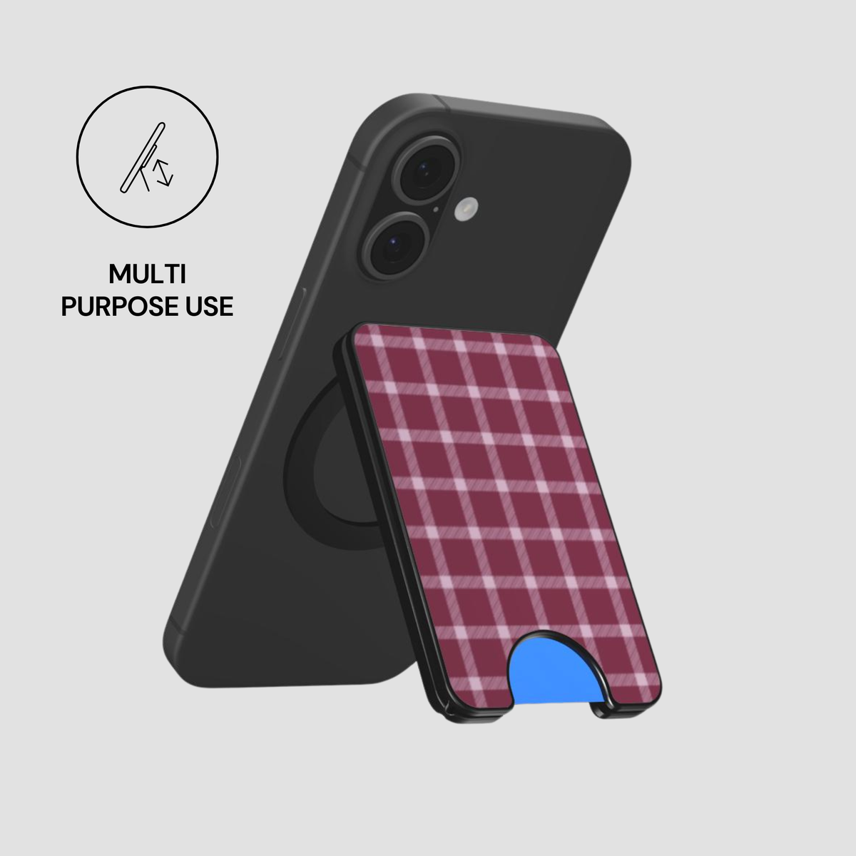 Mulberry Plaid Magnetic Wallet attached to a phone in a MagSafe-style setup