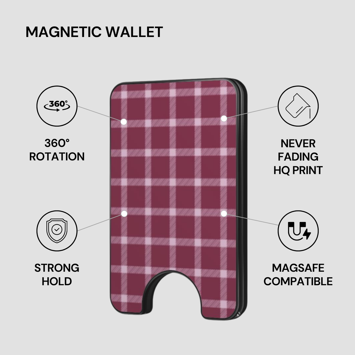 Mulberry Plaid Magnetic Wallet with feature callouts including strong hold, MagSafe compatible, and HQ print