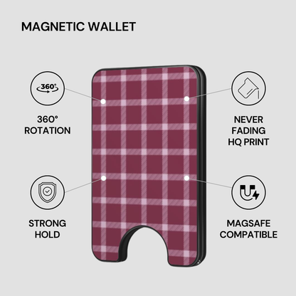 Mulberry Plaid Magnetic Wallet with feature callouts including strong hold, MagSafe compatible, and HQ print