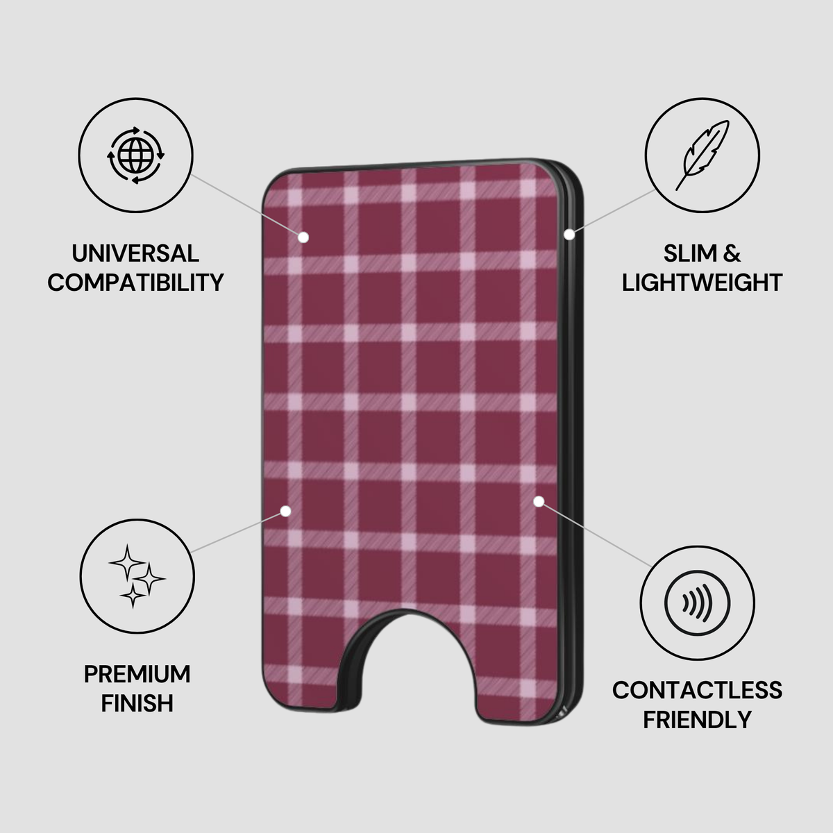 Mulberry Plaid Magnetic Wallet showing secure design, premium quality, and impact resistant features