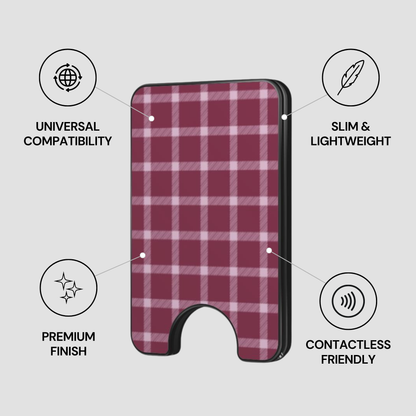 Mulberry Plaid Magnetic Wallet showing secure design, premium quality, and impact resistant features
