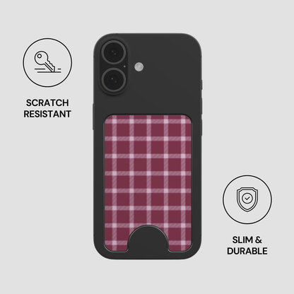 Mulberry Plaid Magnetic Wallet attached to the back of a phone showing slim and durable everyday use