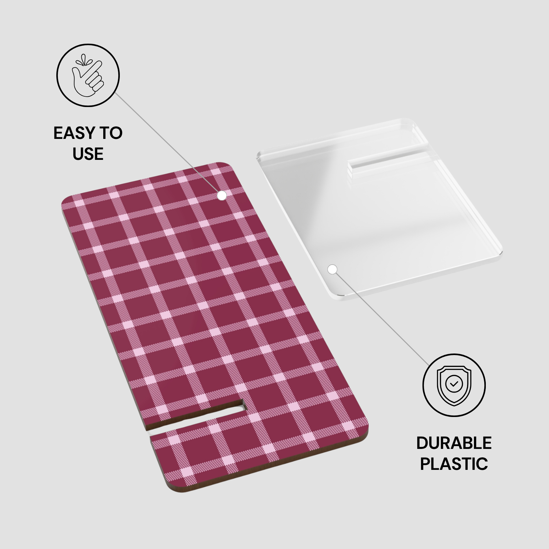 Plaid-patterned phone case with text 'Easy to Use' and 'Durable Plastic' on a gray background