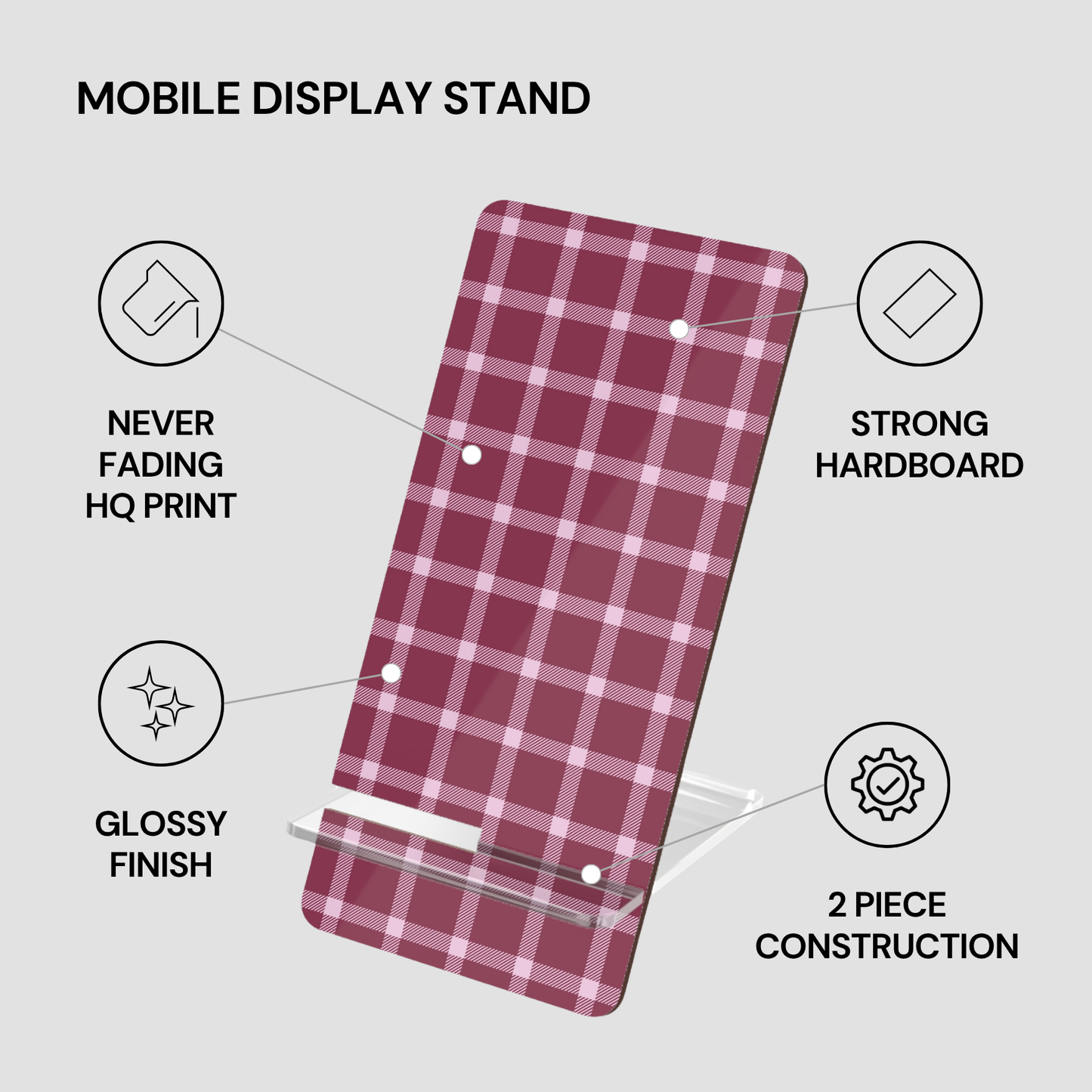 Red and white plaid mobile display stand with features listed on a gray background
