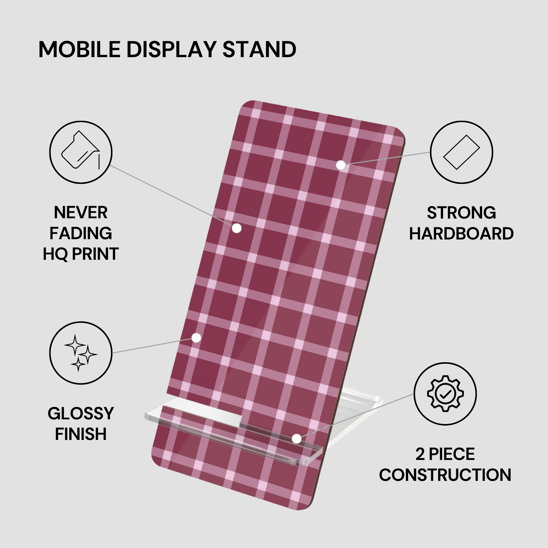 Red and white plaid mobile display stand with features listed on a gray background