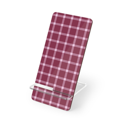 Phone stand with red and white plaid design on a white background