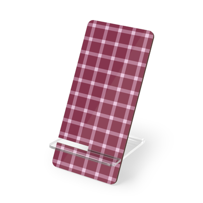 Phone stand with red and white plaid design on a white background
