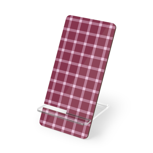 Phone stand with red and white plaid design on a white background