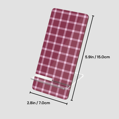 Red and white plaid phone stand with dimensions on a gray background