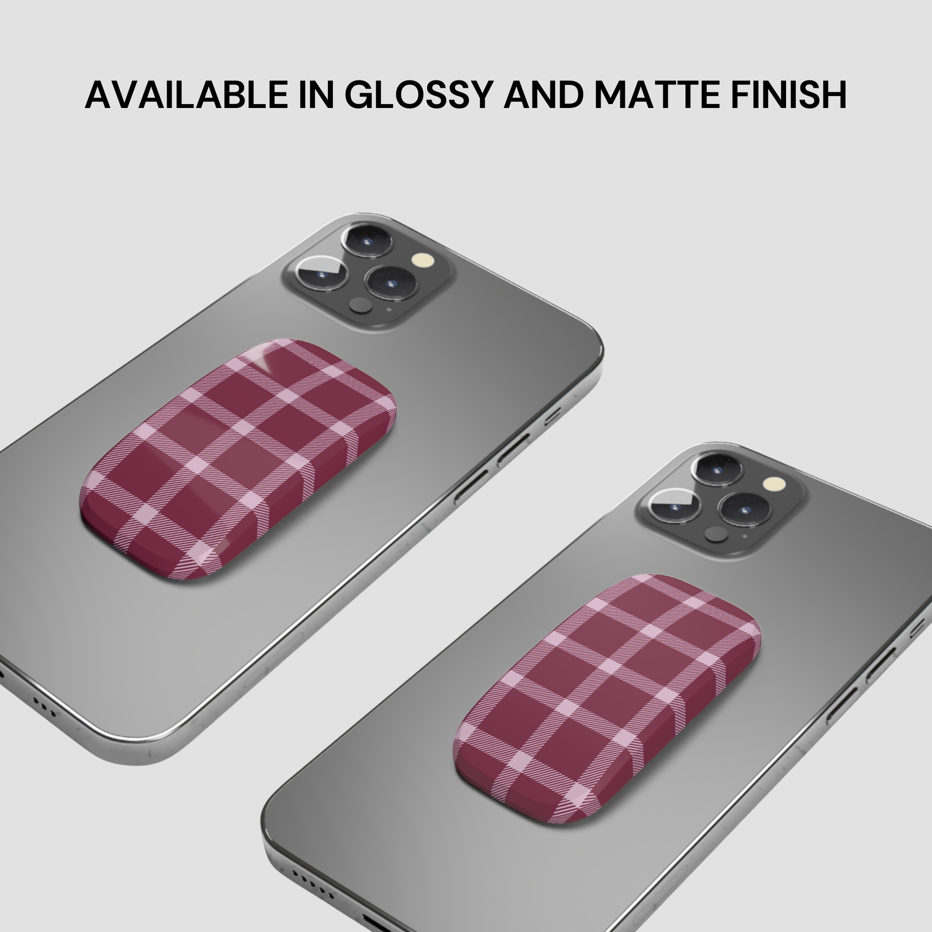 Two phone cases with plaid design on a gray background, text indicating finish options.
