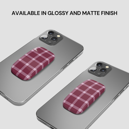 Two phone cases with plaid design on a gray background, text indicating finish options.