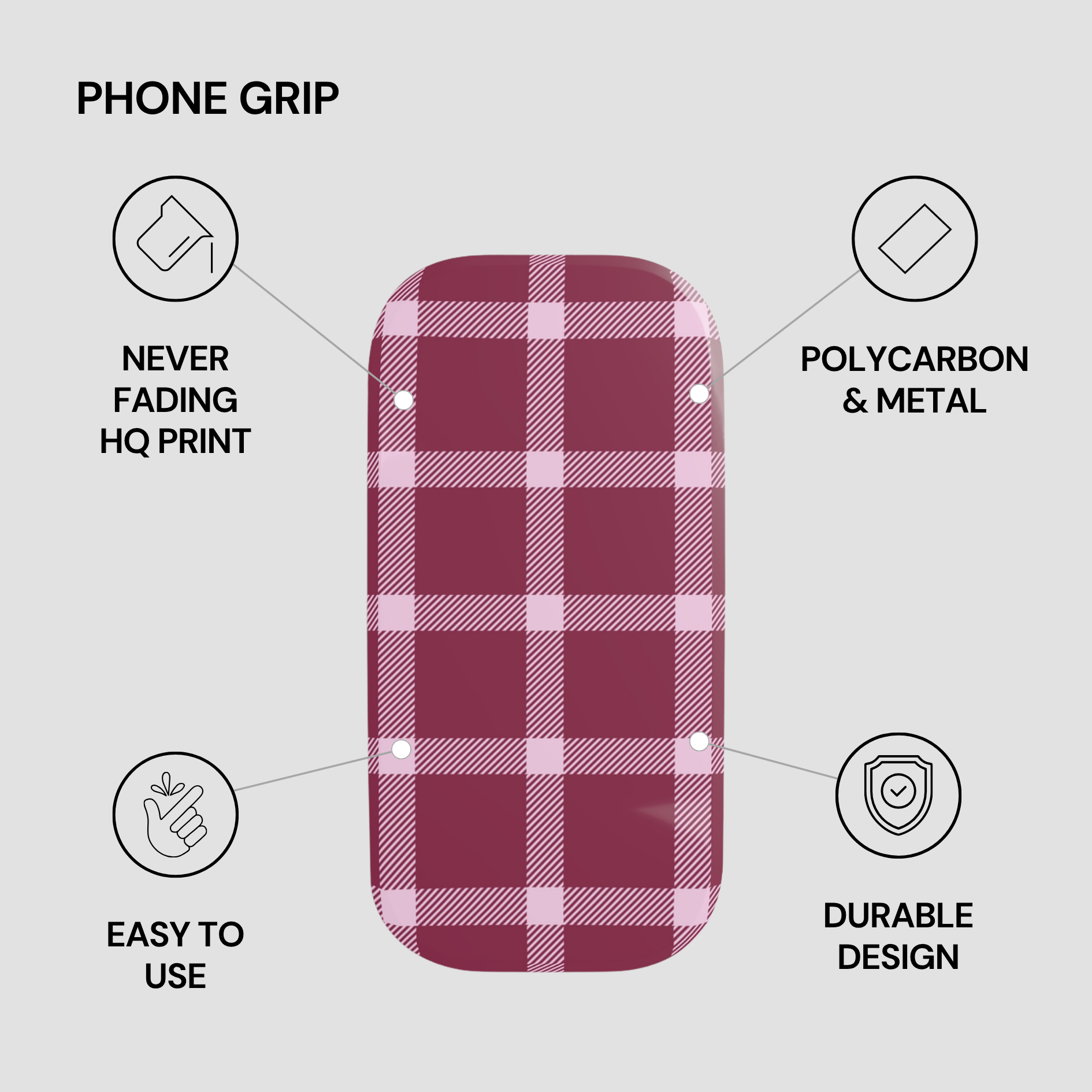 Plaid phone grip with features listed on a gray background