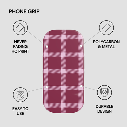 Plaid phone grip with features listed on a gray background