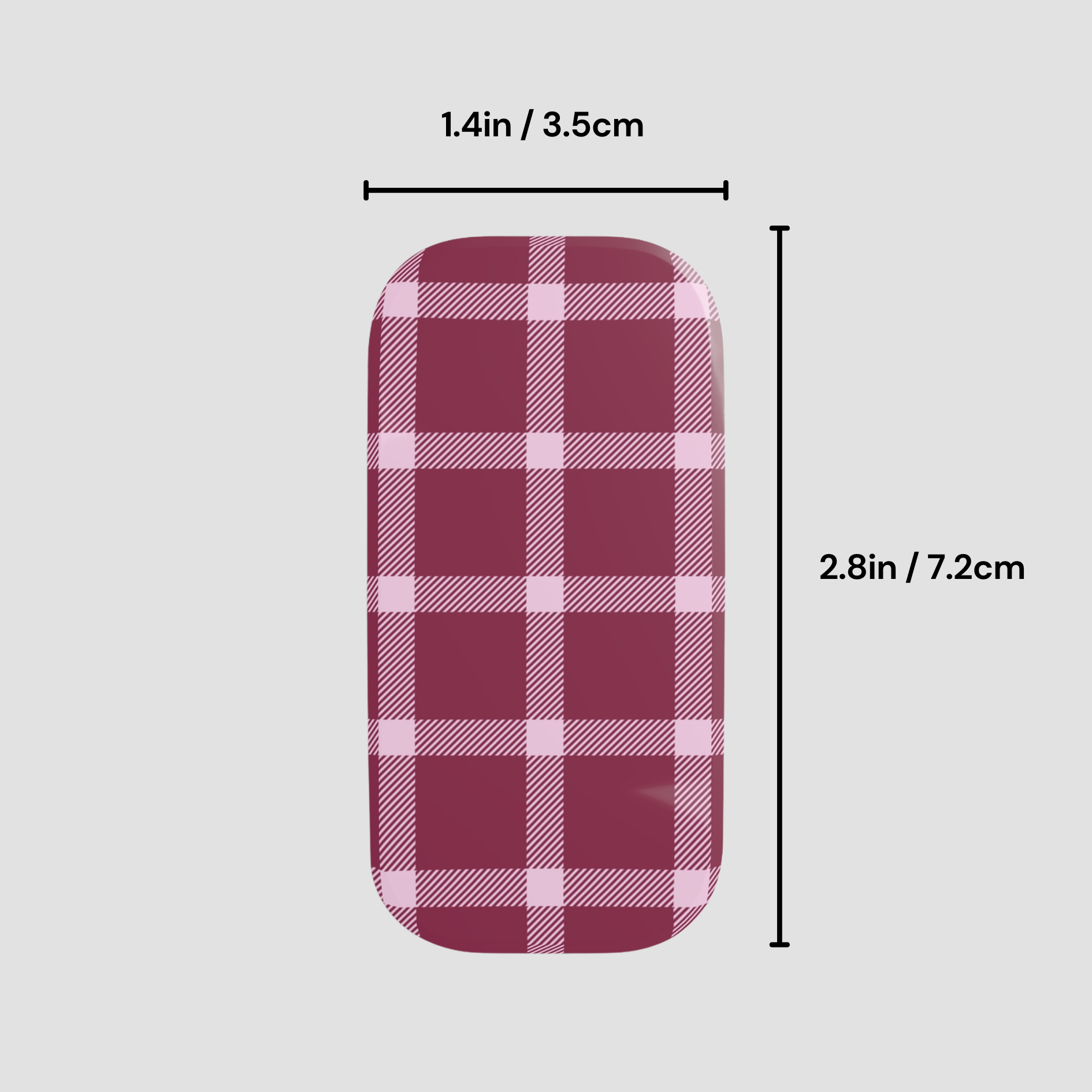 Red and white checkered rectangular object with measurements on a gray background