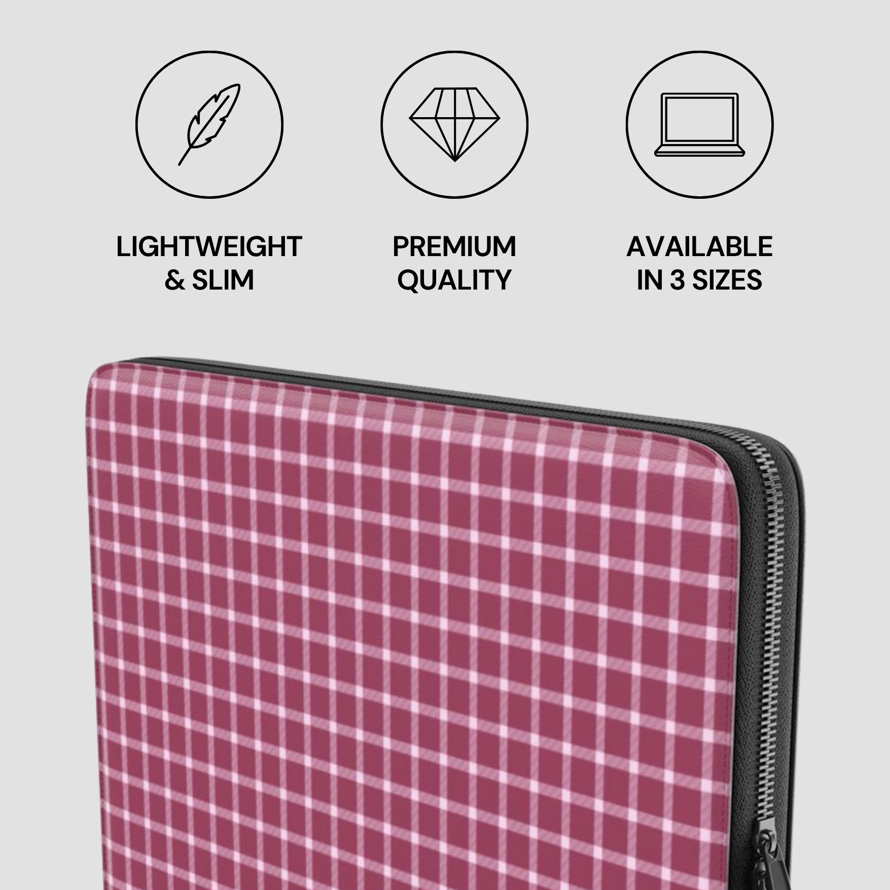 Plaid patterned laptop sleeve with features listed on a light gray background