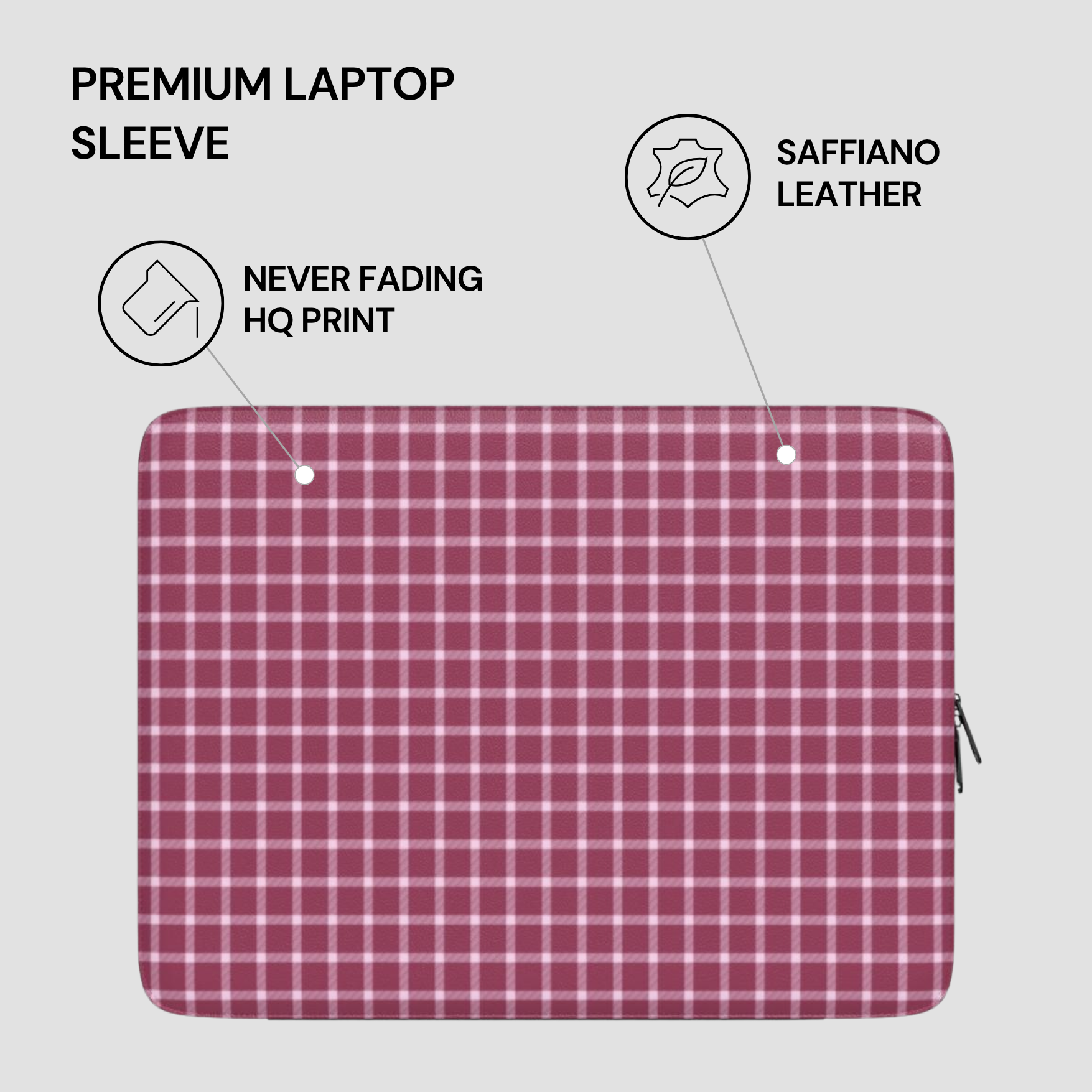 Plaid laptop sleeve with saffiano leather finish on a light gray background